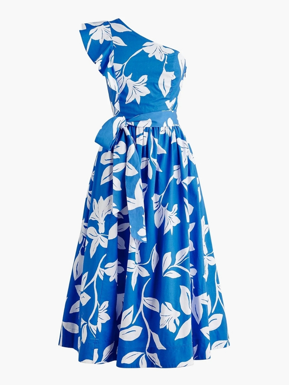 J. Crew Factory Blue and White One-Shoulder Floral Midi Dress
